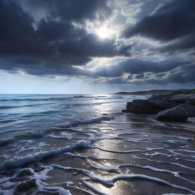 Foto de um pôr-do-sol pacífico na praia Oceano à beira-mar com nuvens areia dramática na costa