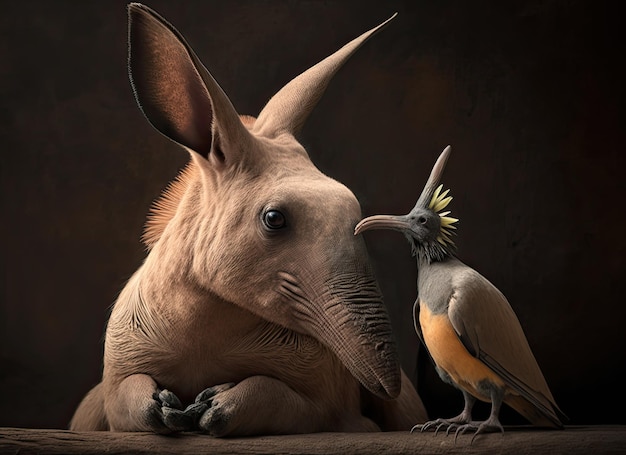 Foto de um porco-da-terra com um companheiro de pássaro