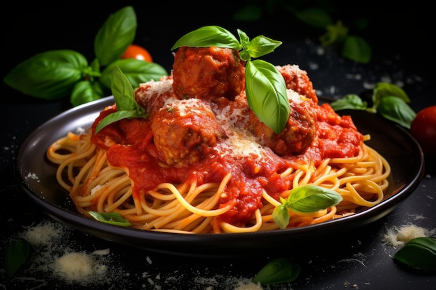 Foto de um prato clássico de espaguete e bolinhas de carne com um saboroso molho de tomate IA generativa