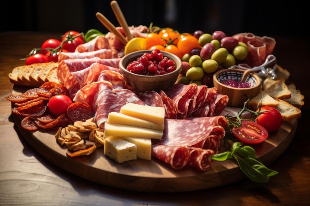 Foto de um prato de charcuteria com prosciutto e chorizo IA generativa