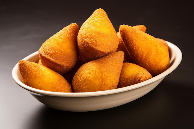 Foto foto de um prato de coxinha brasileira com um exterior crocante em um lençol branco limpo