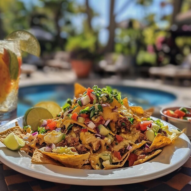 Foto de um prato de nachos carregados à beira de uma piscina