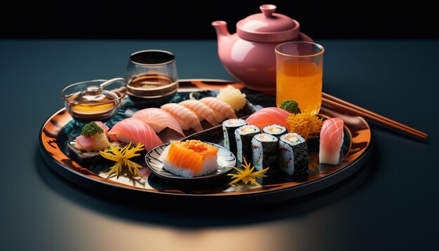 Foto de Um prato de sushi com uma variedade de sabores diferentes