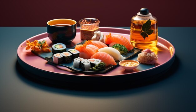 Foto de Um prato de sushi com uma variedade de sabores diferentes