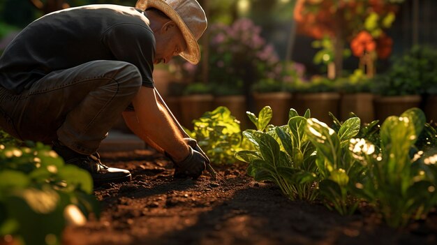 Foto foto de um proprietário plantando uma horta