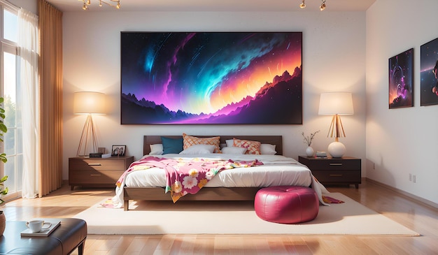 Foto de um quarto com uma pintura impressionante como ponto focal