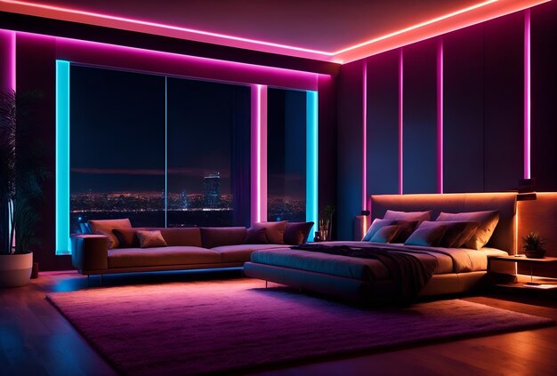 Foto de um quarto luxuoso com uma cama espaçosa e iluminação roxa vibrante