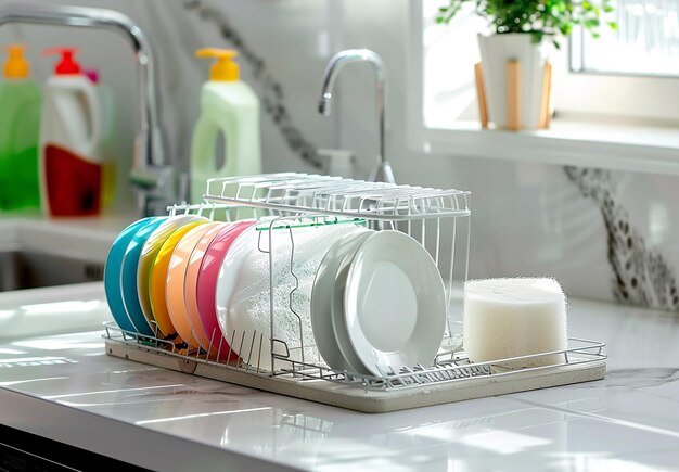 Foto de um rack de pratos com pratos brancos e coloridos limpos para jantar ou jantar
