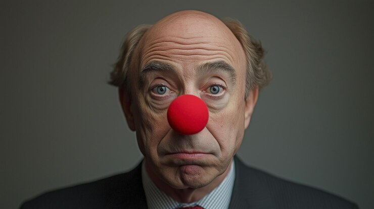 Foto foto de um retrato humorístico e expressivo com homens com expressões faciais exageradas cada um usando um nariz de palhaço clássico xa