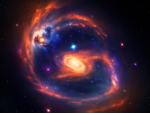 Foto de um sistema de galáxias no espaço com milhões ou bilhões de estrelas juntamente com gás e poeira