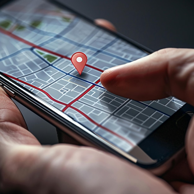 Foto foto de um smartphone moderno segurando sua tela exibindo um mapa realista