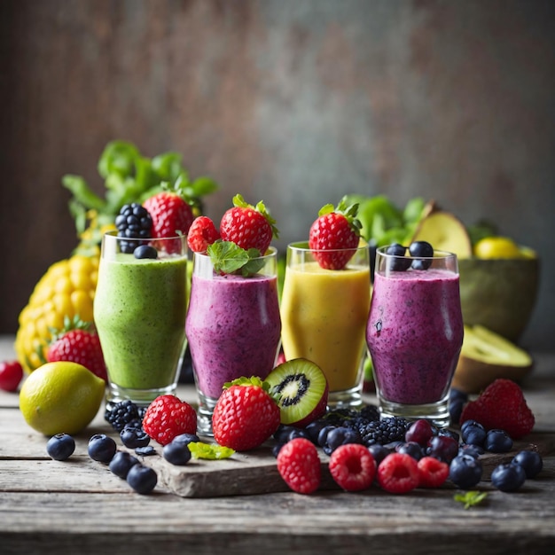 Foto de um smoothies na mesa com blue berry e morango