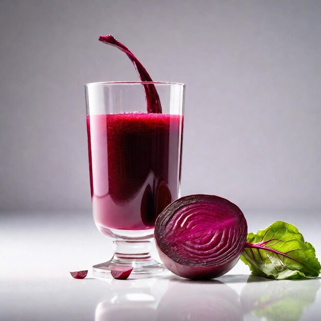 Foto foto de um suco de beterraba com pedaços de beterraba isolados em fundo liso