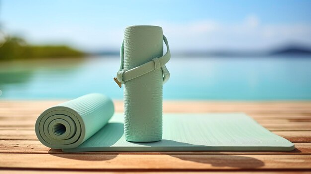 foto de um tapete de ioga com uma garrafa de água e enrolamentos de pulso