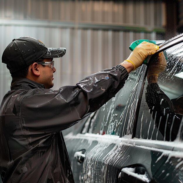 Foto de um técnico de lavagem de carros a secar e a esfregar a pintura do carro