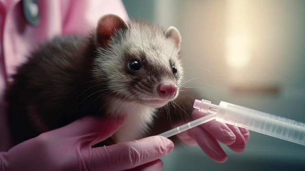 Foto de um técnico veterinário a tirar uma amostra de sangue de um furão