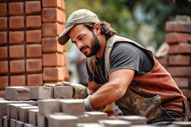 Foto foto de um trabalhador de construção a construir uma parede de tijolos