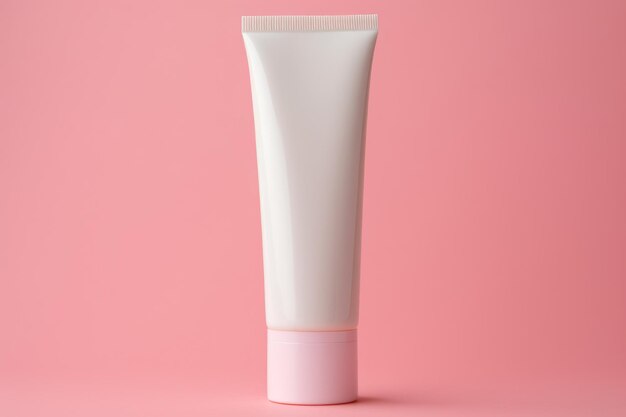 Foto de um tubo de plástico branco para embalagens cosméticas com fundo rosa