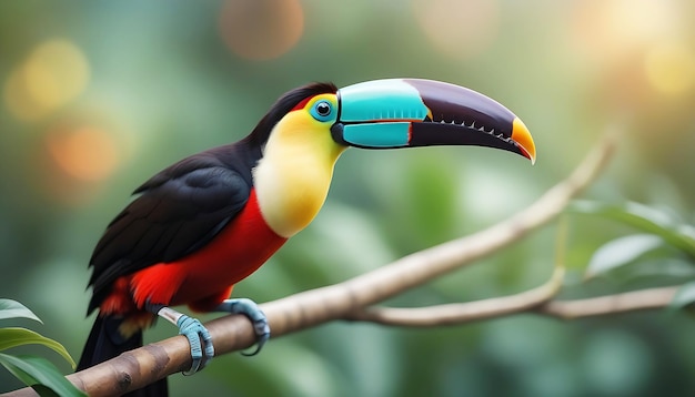 Foto de um tucano multicolorido em cima de um galho