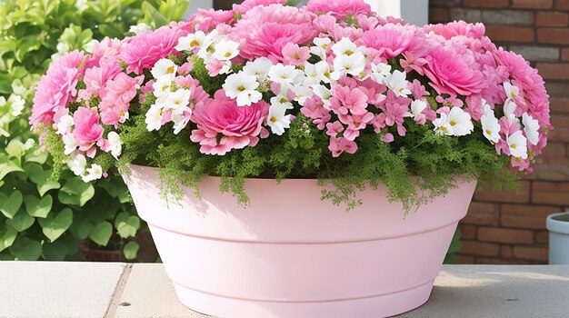 Foto de um vaso de flores rosa cheio de flores artificiais cor-de-rosa e brancas