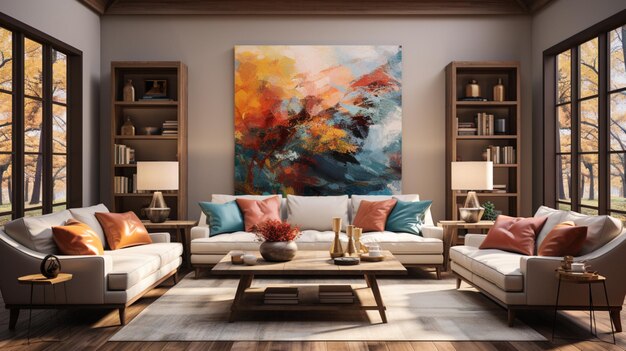 Foto de uma aconchegante sala de estar com assentos confortáveis e arte decorativa na parede