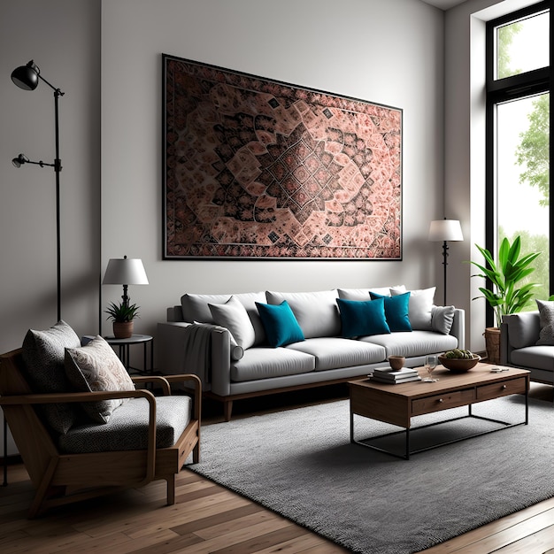 Foto de uma aconchegante sala de estar com móveis elegantes e uma obra de arte impressionante como ponto focal da IA