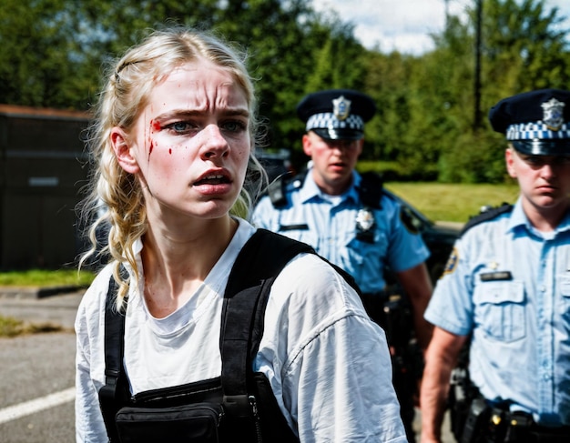 Foto foto de uma adolescente zangada sob controle com a polícia.