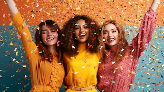 Foto de uma amizade despreocupada com amigos de festivais corporativos em uma discoteca moderna neon com confetes voadores com as mãos levantadas