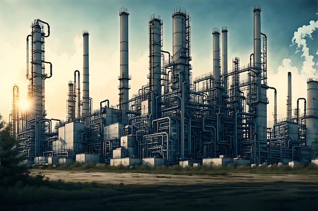 Foto de uma ampla planta industrial com uma intrincada rede de tubos e máquinas