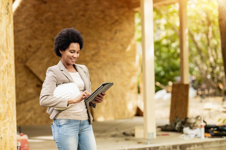 Foto foto de uma arquiteta afro-americana usando um tablet digital e verificando o canteiro de obras de uma nova casa de madeira.