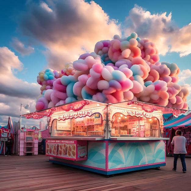 Foto de uma barraca de algodão doce em um parque de diversões à luz do dia