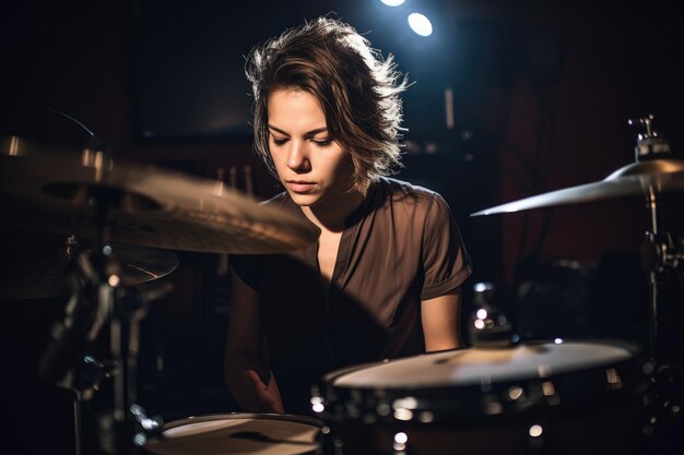 Foto de uma baterista feminina no estúdio criada com IA generativa