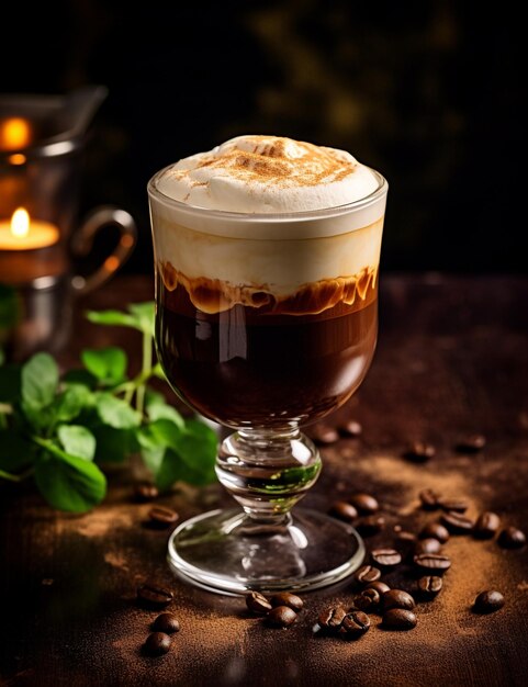 Foto de uma bebida de café irlandesa elegantemente revestida em uma mesa