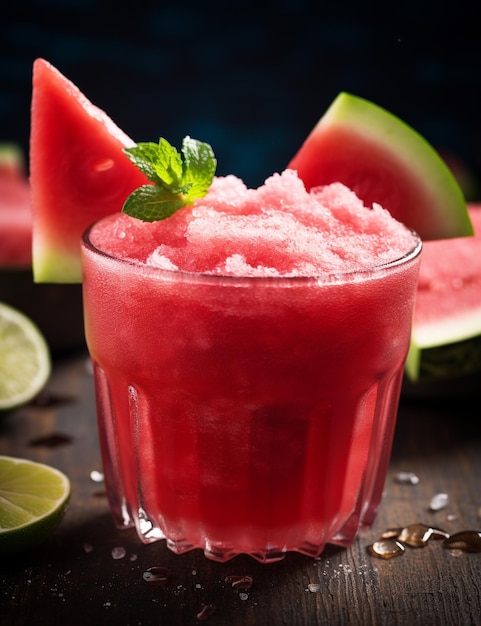 Foto de uma bebida de Watermelon Slush elegantemente revestida em uma mesa