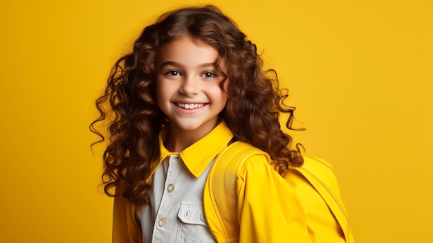 foto de uma bela estudante voltando para a aula com fundo amarelo