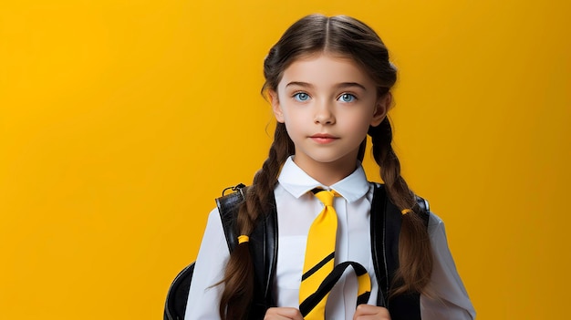 foto de uma bela estudante voltando para a aula com fundo amarelo