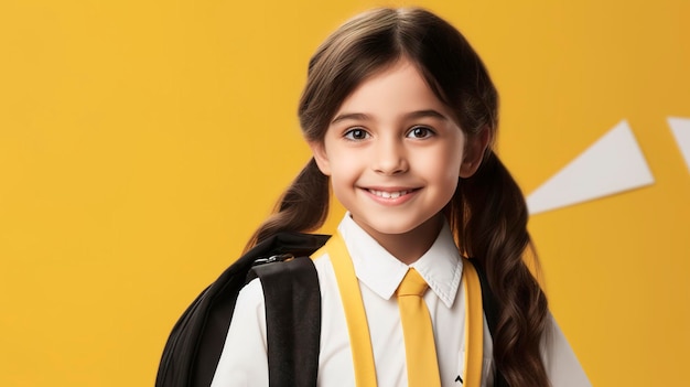 foto de uma bela estudante voltando para a aula com fundo amarelo