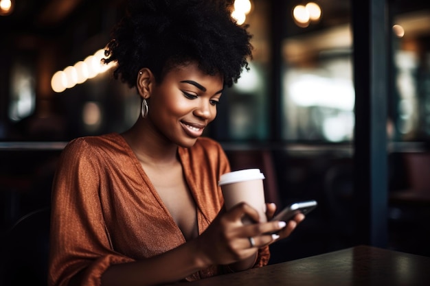 Foto de uma bela jovem afro-americana usando seu telefone enquanto está sentada em uma cafeteria