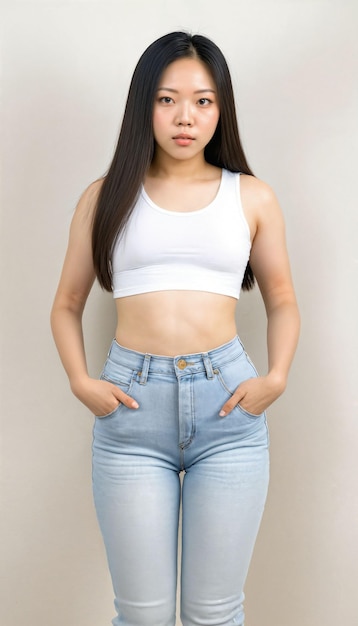 foto de uma bela jovem asiática com top branco e calças jeans em pé em fundo branco generativa AI