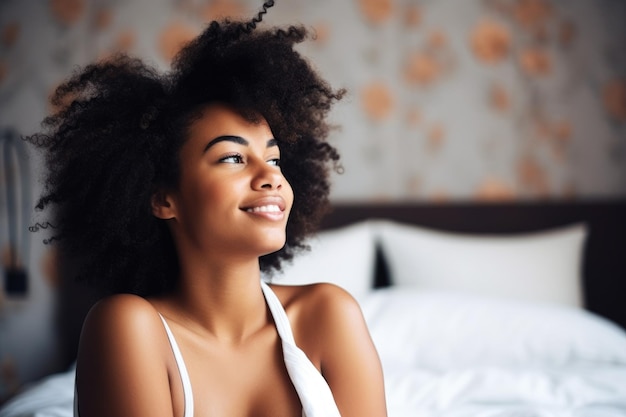 Foto de uma bela jovem relaxando em sua cama