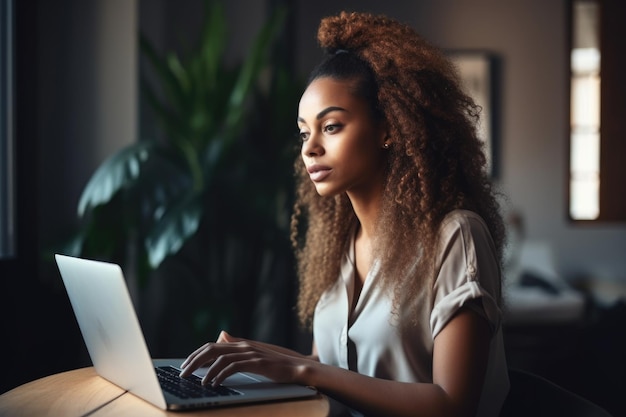 Foto de uma bela jovem sentada em casa e usando seu laptop criado com IA generativa