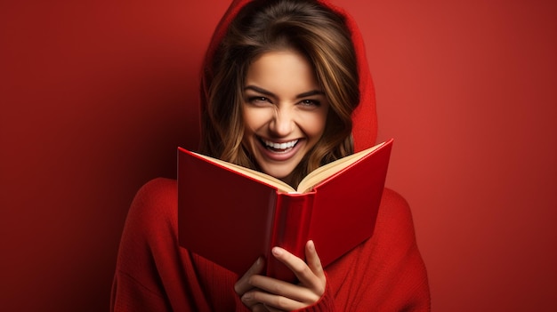 Foto de uma bela jovem vestindo roupas vermelhas isolada segurando uma imagem de IA de livro aberto