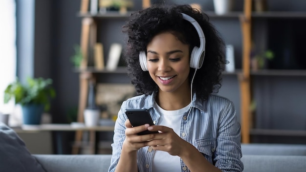 Foto de uma bela mulher afro-americana concentrada em um smartphone gosta de conversar online