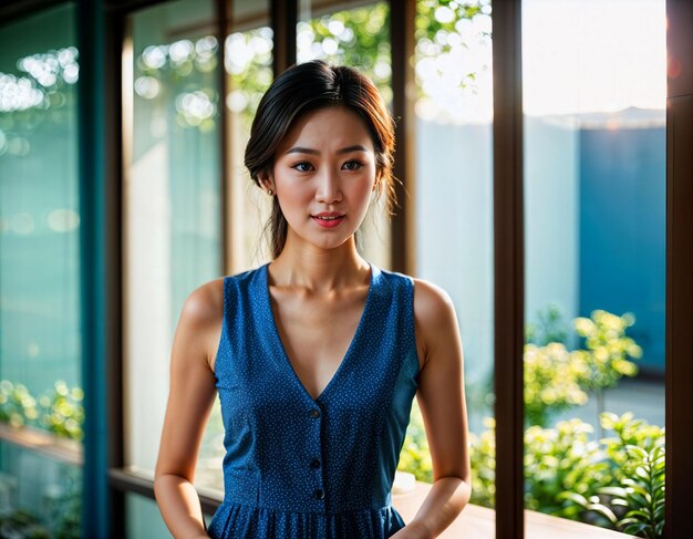 Foto foto de uma bela mulher asiática com vestido impresso dentro da sala casa fresca generativa ai