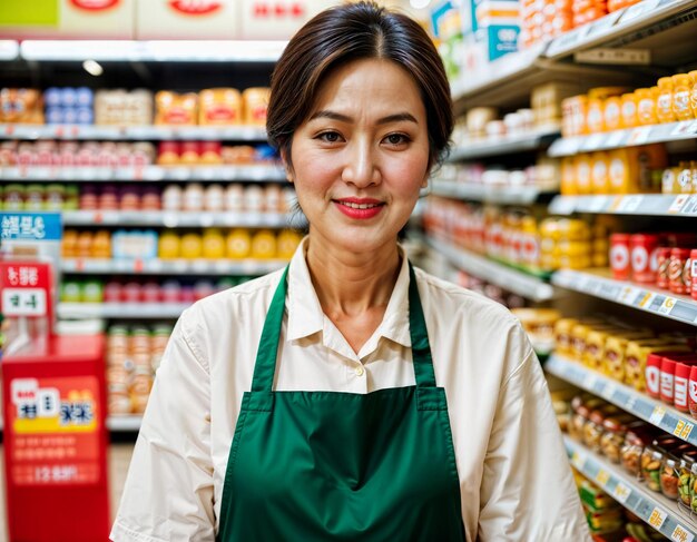 Foto foto de uma bela mulher asiática como empregada numa loja de conveniência.