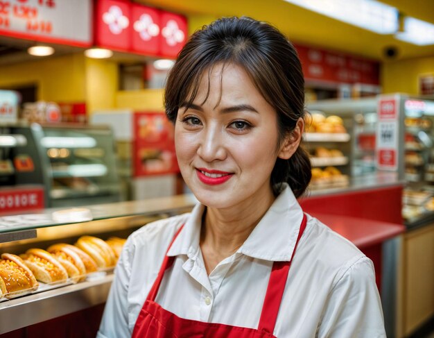 Foto foto de uma bela mulher asiática como funcionária de uma loja de frango frito de fast food.