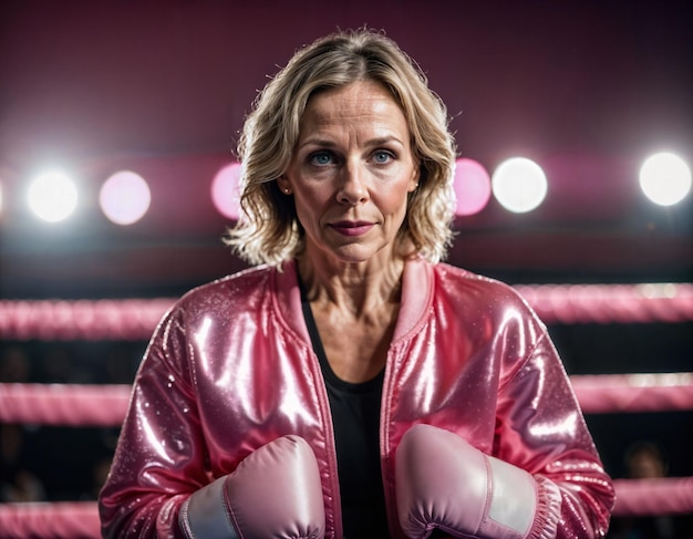 foto de uma bela mulher de meia-idade com roupa de boxe rosa no ringue de boxe