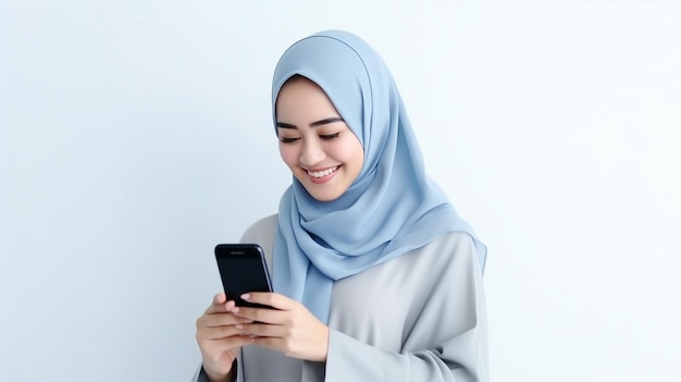 Foto de uma bela mulher muçulmana asiática sorridente de camisola azul e hijab usando um smartphone