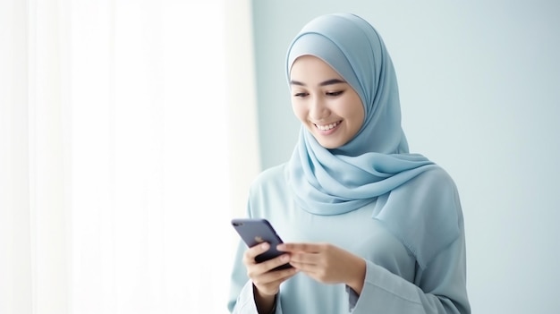 Foto de uma bela mulher muçulmana asiática sorrindo usando um smartphone