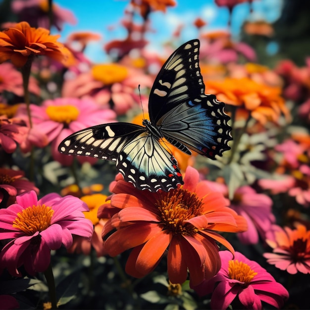 foto de uma borboleta entre flores coloridas